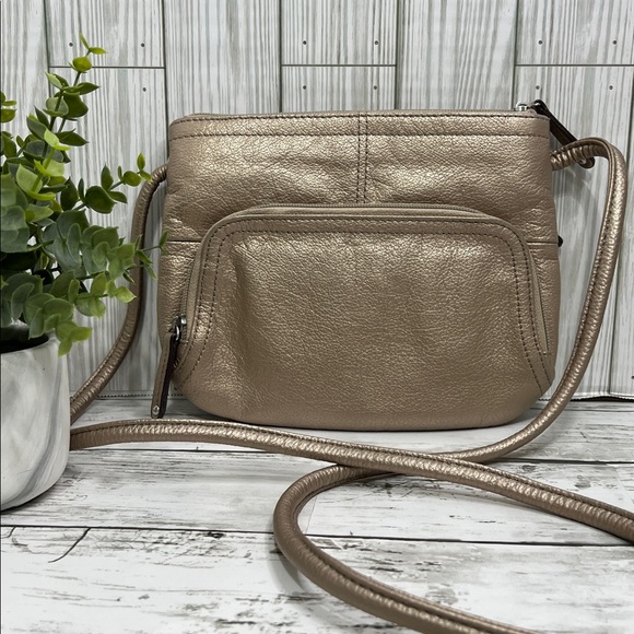 Tignanello Metallic Gold Leather Crossbody Bag | Adjustable Strap - Picture 1 of 11